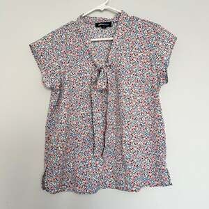 Alice Blue Ditsy Floral Cap Sleeve Tie-Neck Blouse D74
